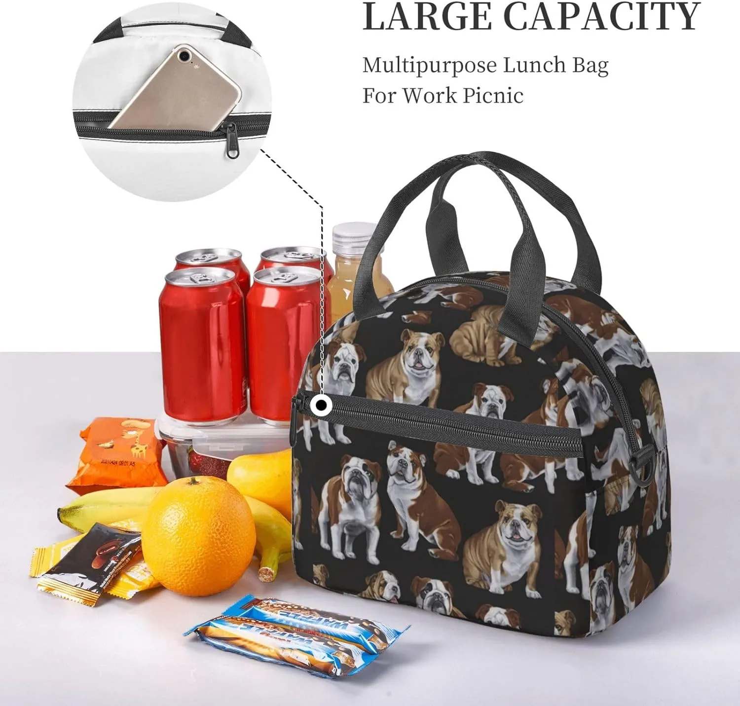English Bulldogs Print Crossbody Insulated Lunch Bags For Women Men Cooler Bag Lightweight Waterproof Lunch Box