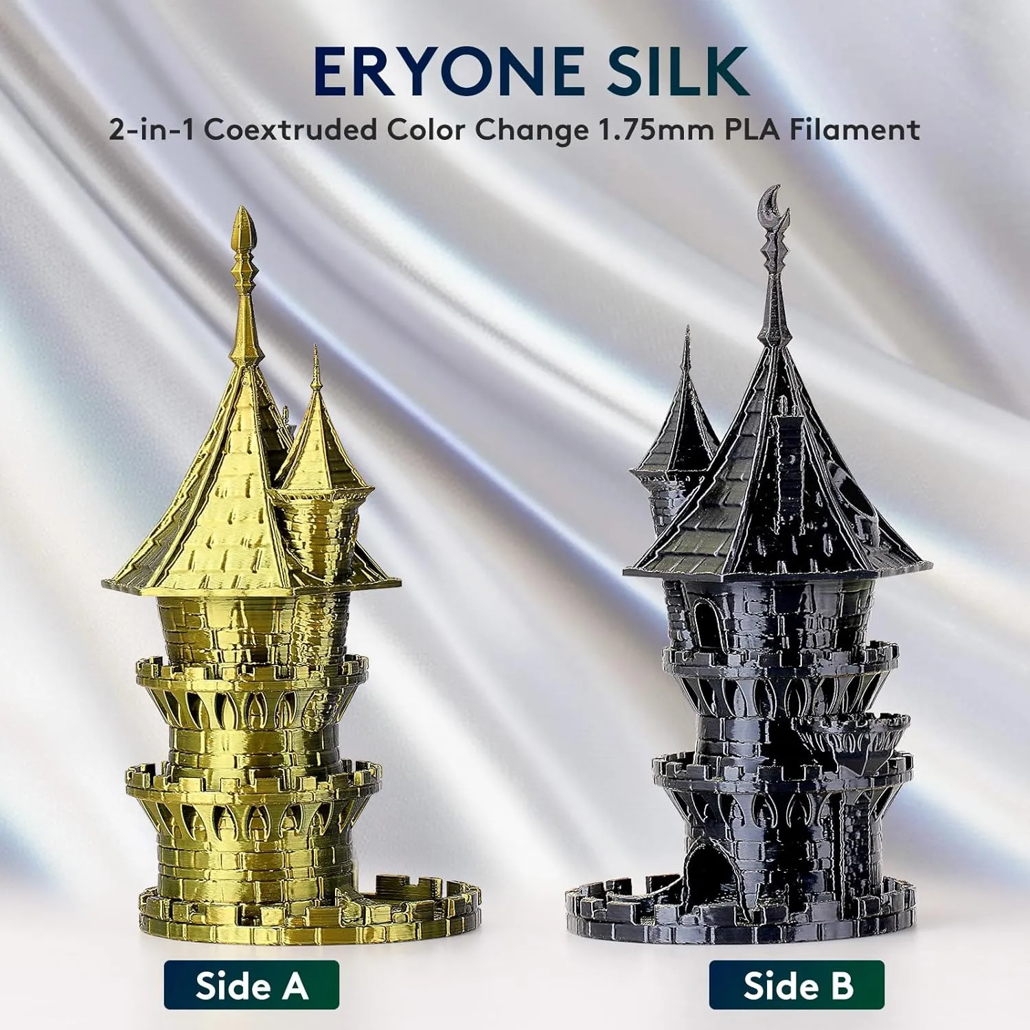 ERYONE Silk Dual Color PLA Filament 3D Printer 1.75mm  /- 0.03mm, Bicolor Filament Two Tone PLA 1KG(2.2lbs) Cardboard Spool, Black Gold