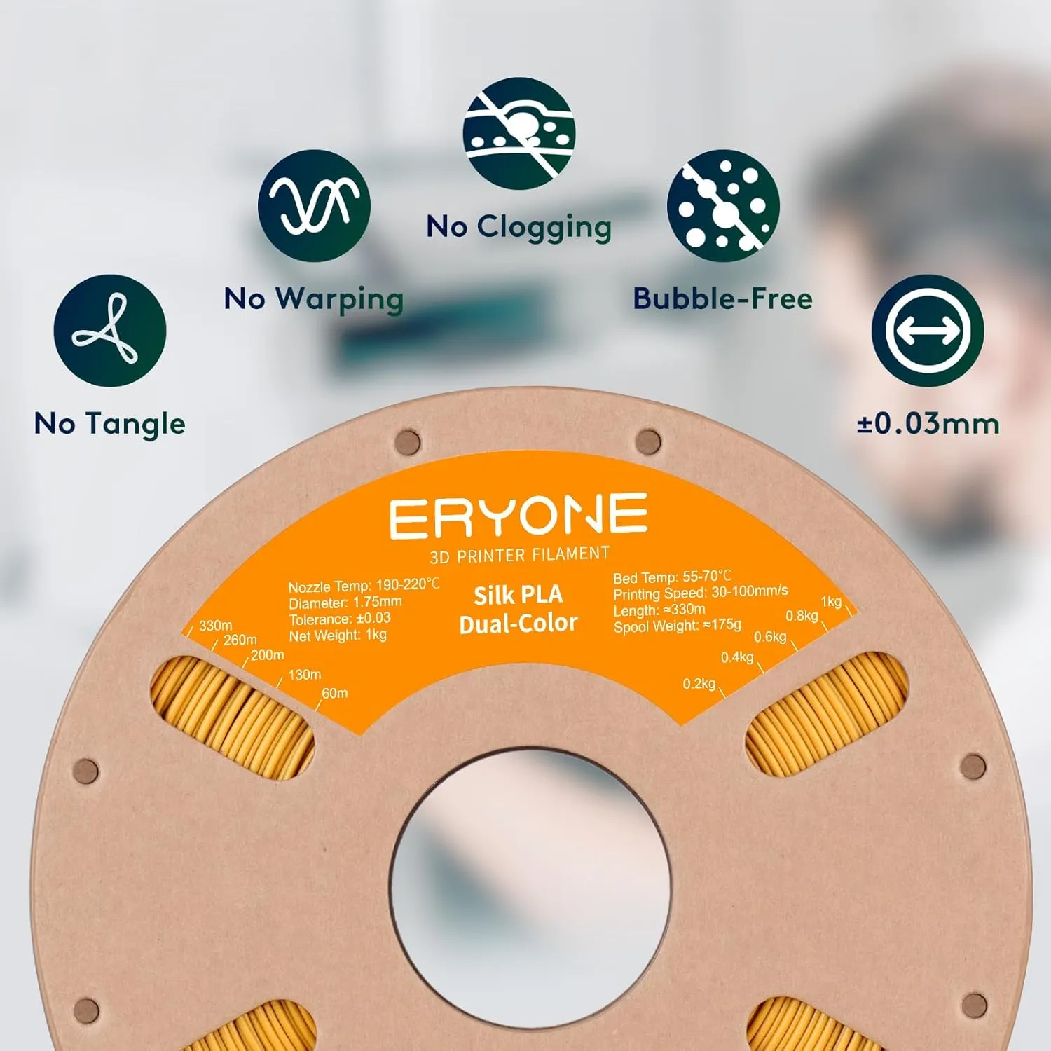 ERYONE Silk Dual Color PLA Filament 3D Printer 1.75mm  /- 0.03mm, Bicolor Filament Two Tone PLA 1KG(2.2lbs) Cardboard Spool, Black Gold
