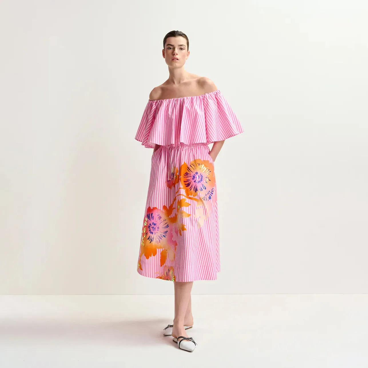 Essentiel Antwerp : Hemini Foil Print Wide Skirt - Pink Stripe/Foil