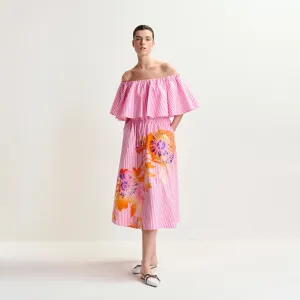 Essentiel Antwerp : Hemini Foil Print Wide Skirt - Pink Stripe/Foil