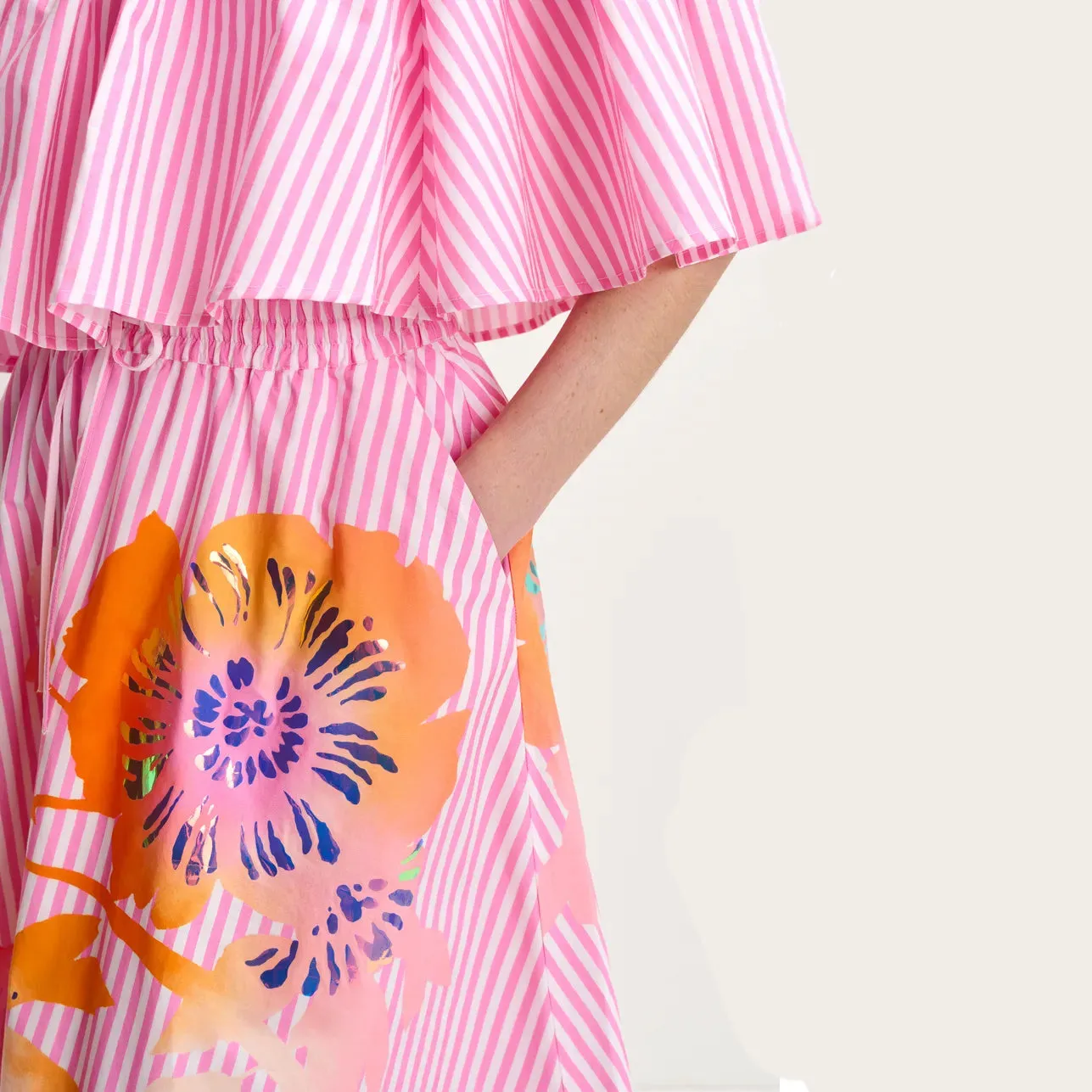 Essentiel Antwerp : Hemini Foil Print Wide Skirt - Pink Stripe/Foil