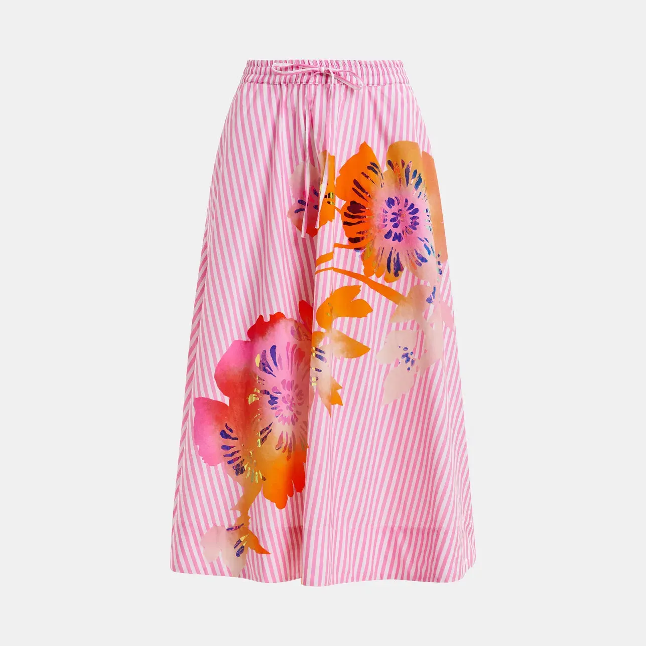 Essentiel Antwerp : Hemini Foil Print Wide Skirt - Pink Stripe/Foil