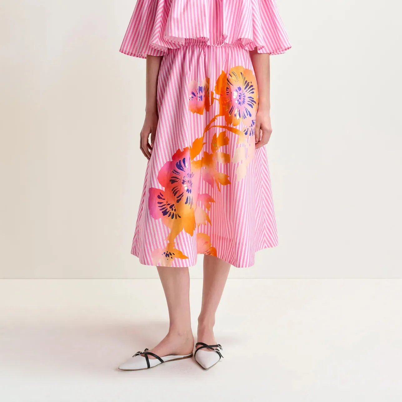 Essentiel Antwerp : Hemini Foil Print Wide Skirt - Pink Stripe/Foil