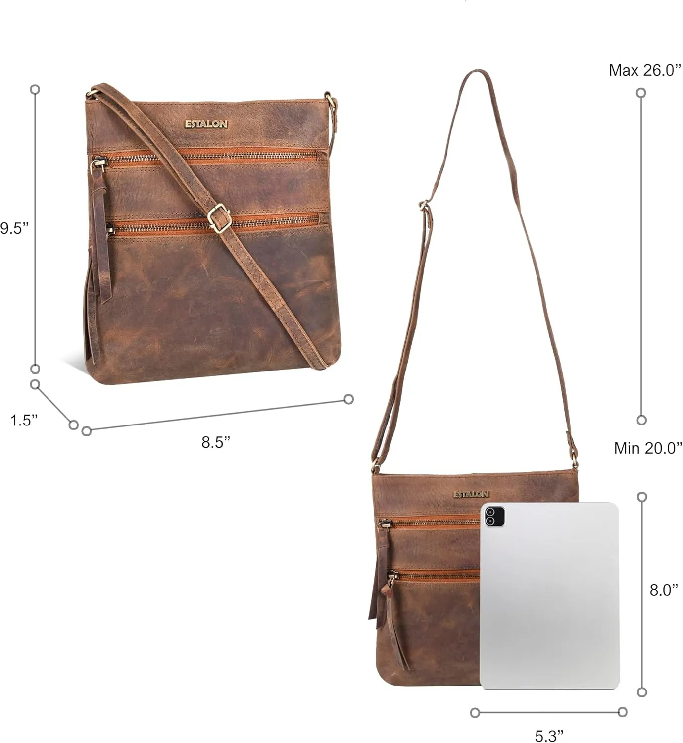 ESTALON Women's Genuine Leather Crossbody Bag With Adjustable Sling Strap - Medium Size Crossover Shoulder Purse
