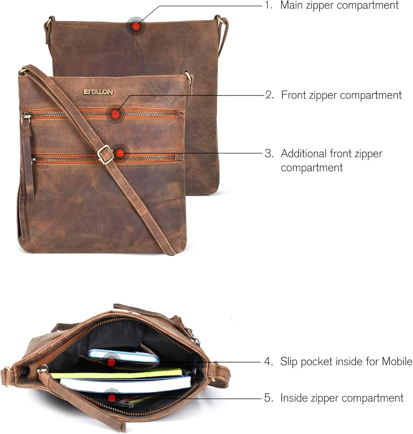 ESTALON Women's Genuine Leather Crossbody Bag With Adjustable Sling Strap - Medium Size Crossover Shoulder Purse