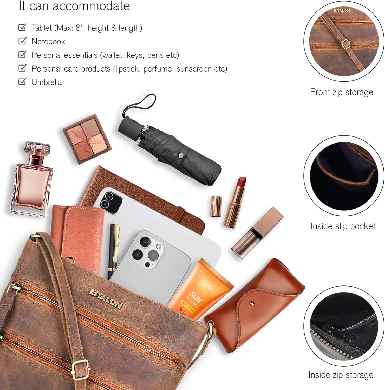 ESTALON Women's Genuine Leather Crossbody Bag With Adjustable Sling Strap - Medium Size Crossover Shoulder Purse