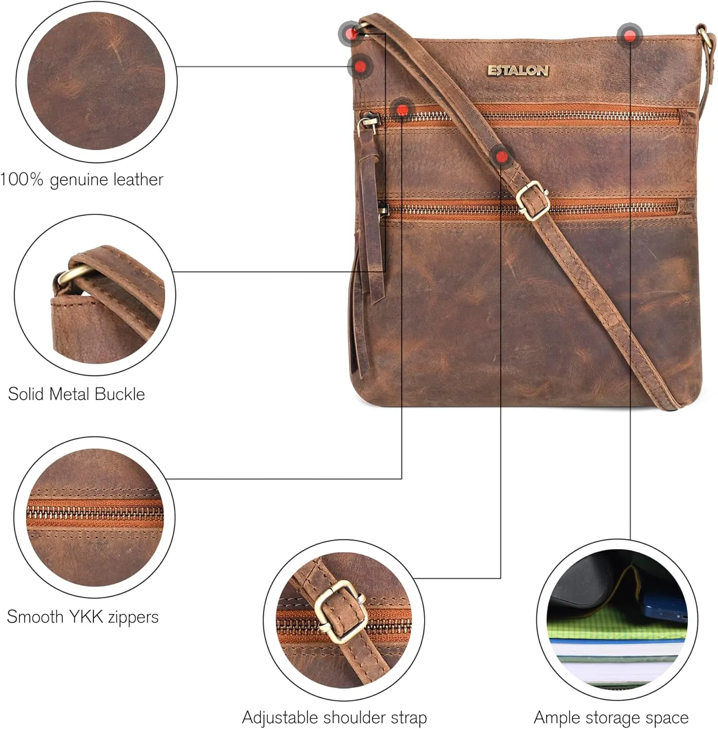 ESTALON Women's Genuine Leather Crossbody Bag With Adjustable Sling Strap - Medium Size Crossover Shoulder Purse