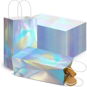 Estune 30 Pcs Iridescent Gift Bags Holographic Party Favor Bag with Handle 8.3 x 5 x 3.2 Inch Glitter Foil Paper Candy Goodie Handbag for Graduation Wedding Baby Shower Birthday Thank You Disco Party