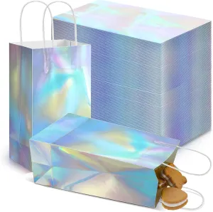 Estune 60 Pcs Iridescent Gift Bags Holographic Party Favor Bag with Handle 8.3 x 5 x 3.2 Inch Glitter Foil Paper Candy Goodie Handbag for Graduation Wedding Baby Shower Birthday Thank You Disco Party