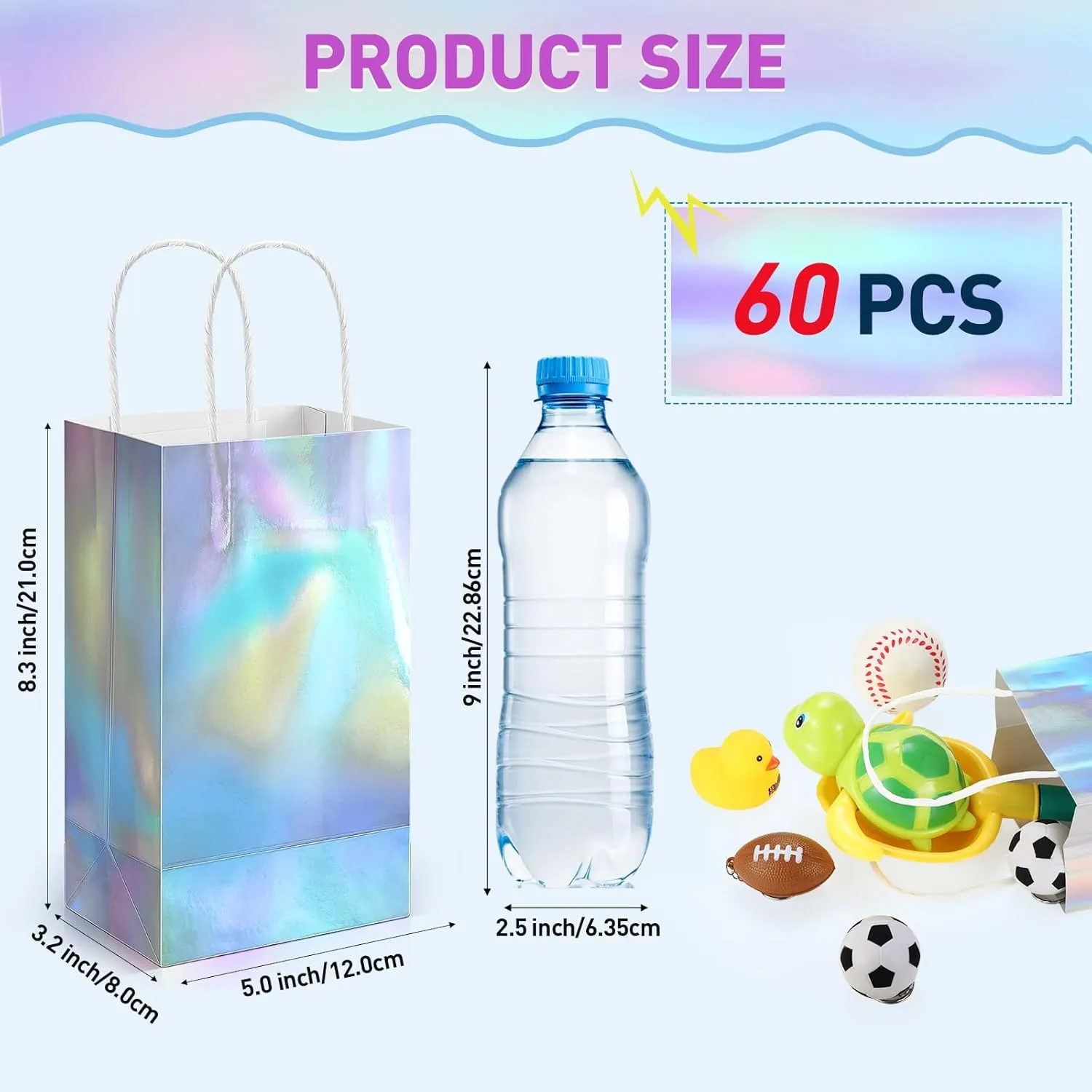 Estune 60 Pcs Iridescent Gift Bags Holographic Party Favor Bag with Handle 8.3 x 5 x 3.2 Inch Glitter Foil Paper Candy Goodie Handbag for Graduation Wedding Baby Shower Birthday Thank You Disco Party