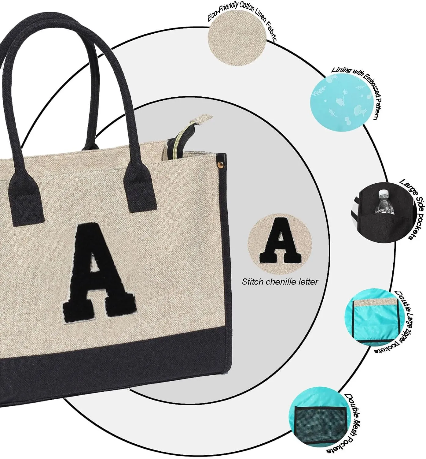 ESVAN Personalized Gifts Canvas Tote Linen Bags Handbags Top Zipper Closure Initial Retro Utility Tote