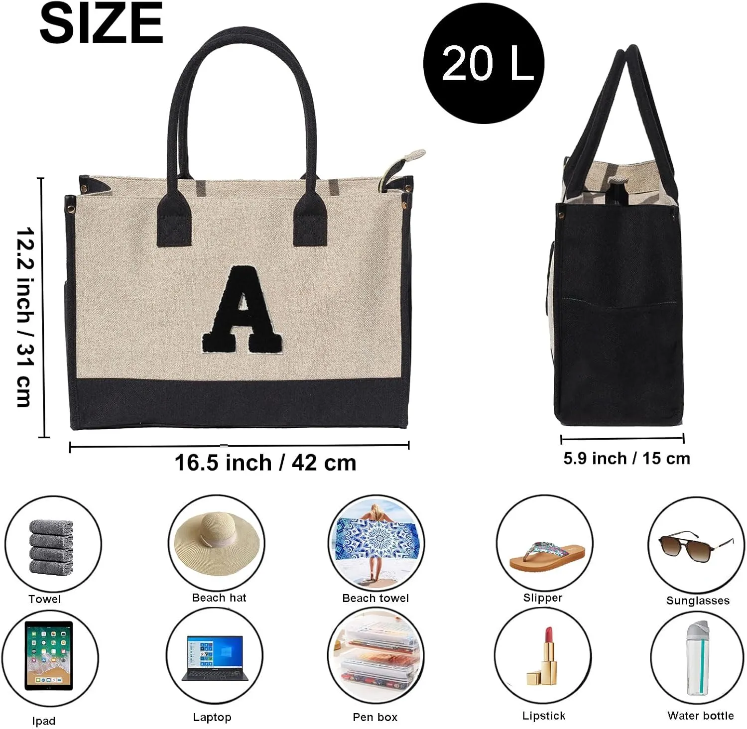 ESVAN Personalized Gifts Canvas Tote Linen Bags Handbags Top Zipper Closure Initial Retro Utility Tote