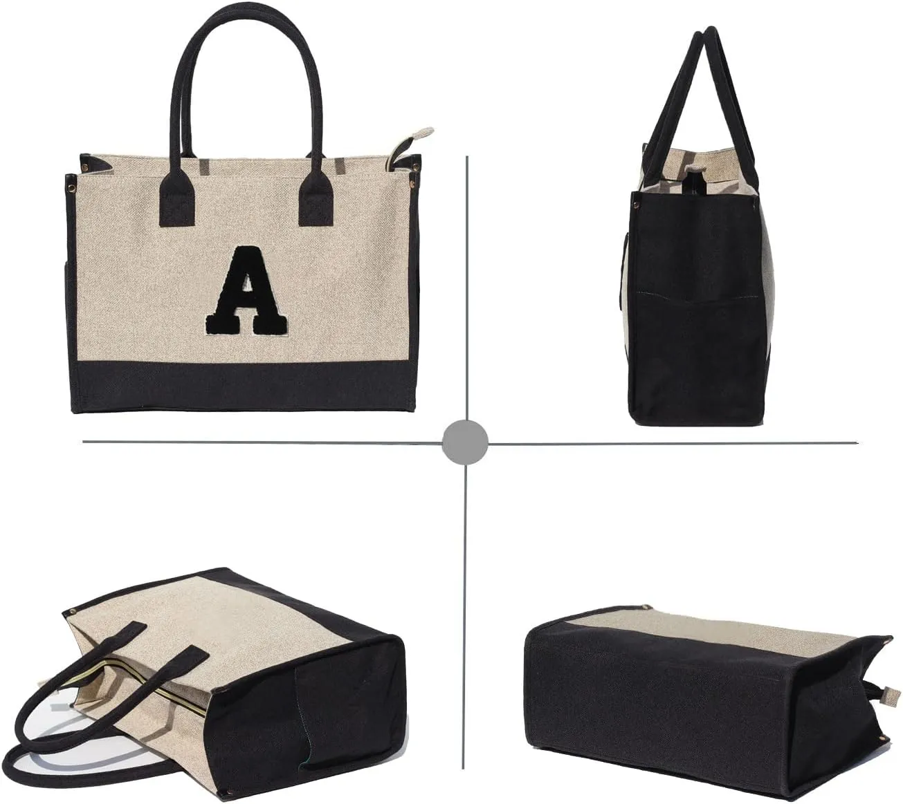 ESVAN Personalized Gifts Canvas Tote Linen Bags Handbags Top Zipper Closure Initial Retro Utility Tote