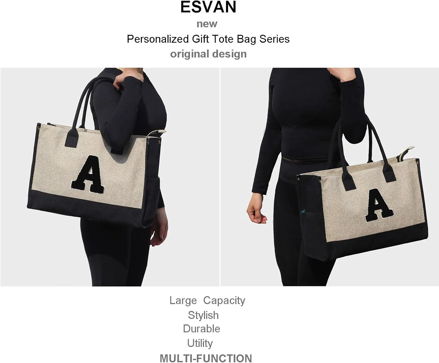 ESVAN Personalized Gifts Canvas Tote Linen Bags Handbags Top Zipper Closure Initial Retro Utility Tote