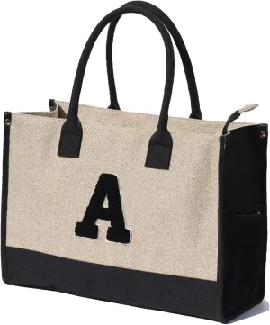 ESVAN Personalized Gifts Canvas Tote Linen Bags Handbags Top Zipper Closure Initial Retro Utility Tote