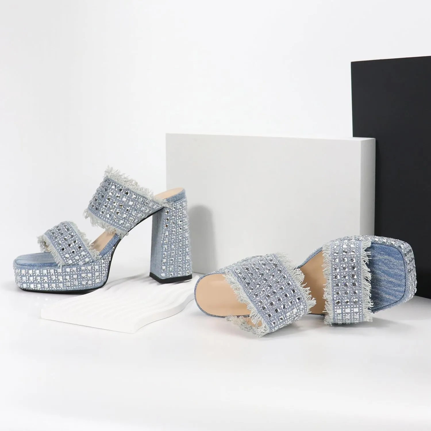 Esvowido Women's Heeled Mules Denim Platform Heels High Chunky Heel Slip on Square Toe Rhinestones Tassels Slippers Pumps Shoes