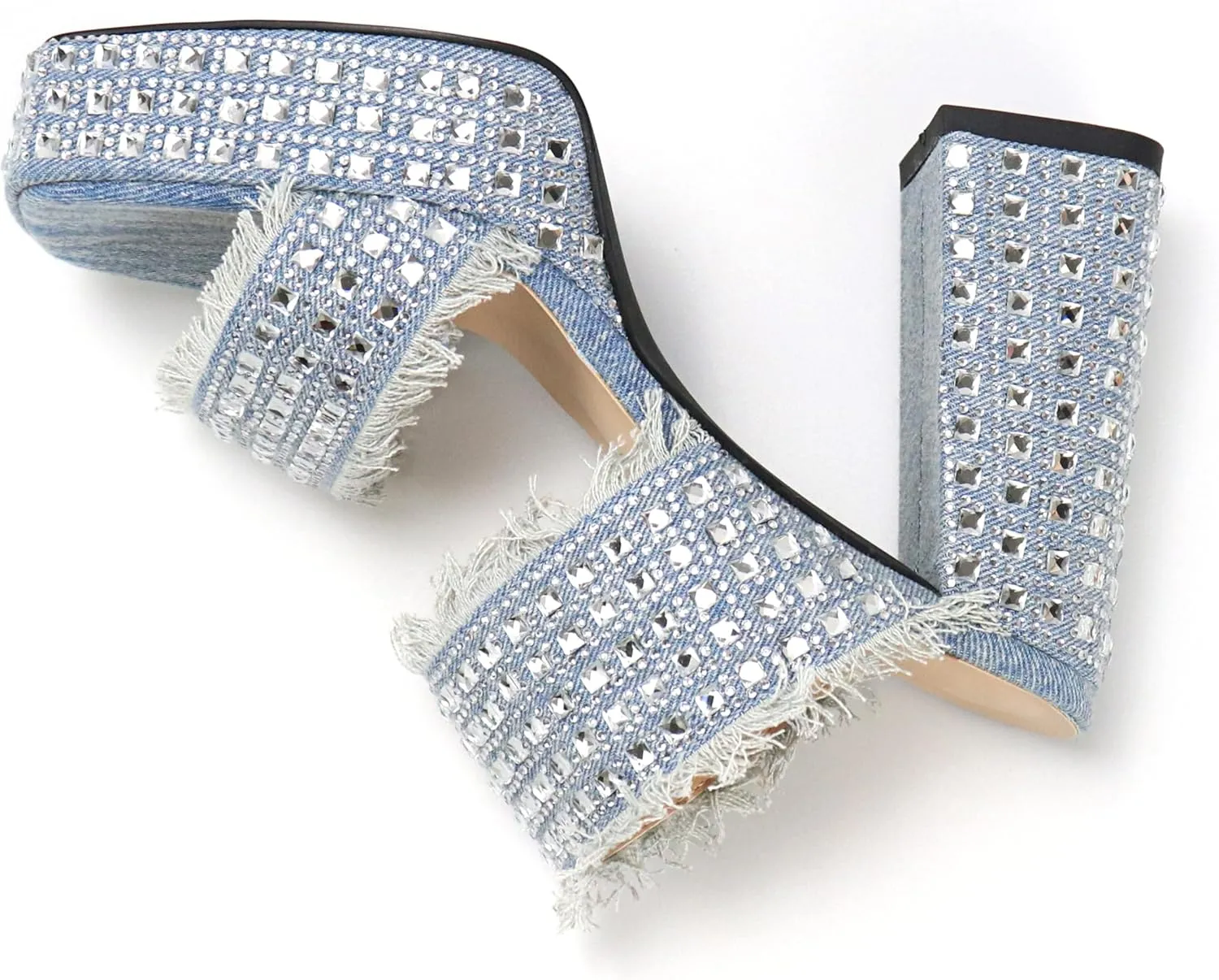Esvowido Women's Heeled Mules Denim Platform Heels High Chunky Heel Slip on Square Toe Rhinestones Tassels Slippers Pumps Shoes