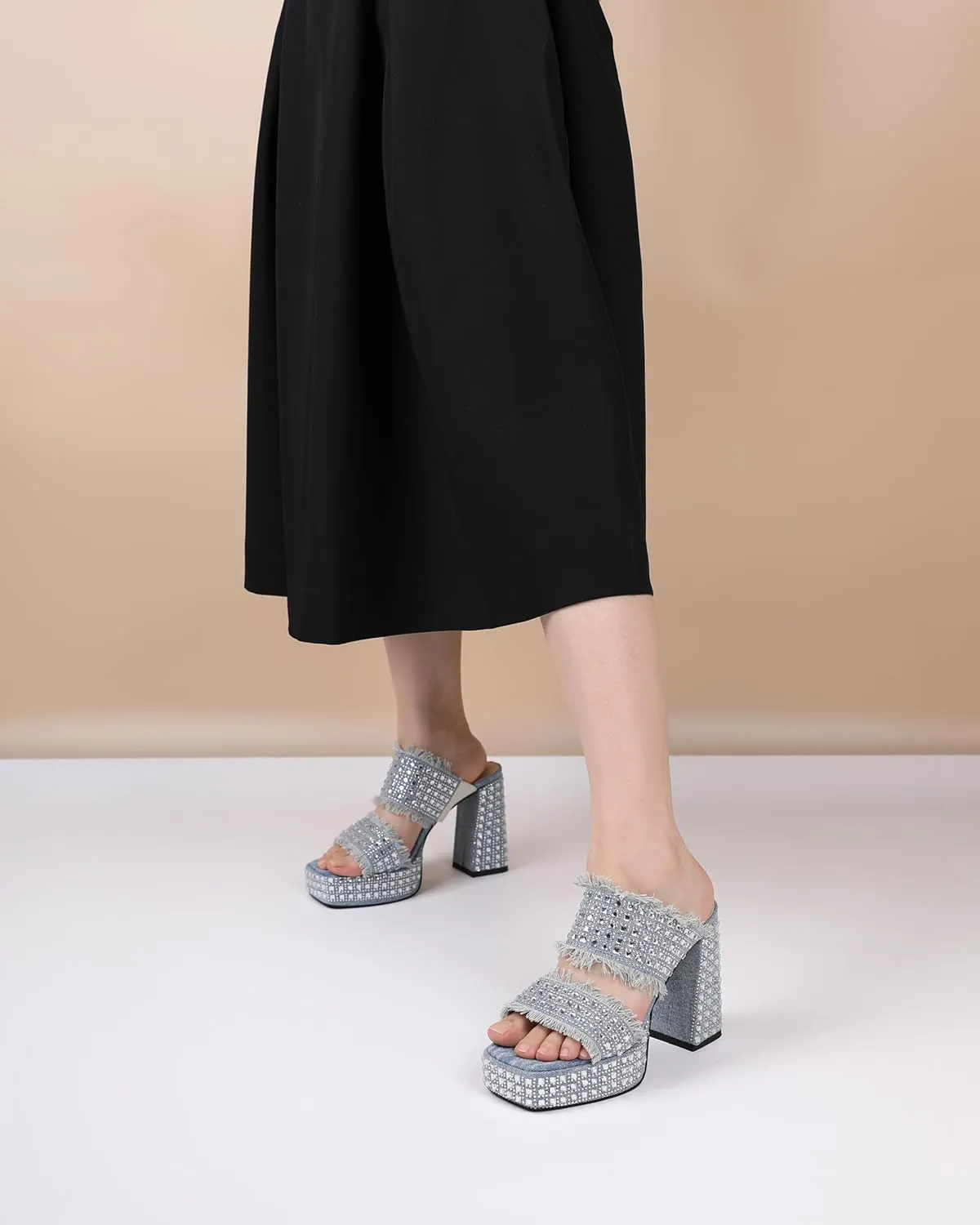 Esvowido Women's Heeled Mules Denim Platform Heels High Chunky Heel Slip on Square Toe Rhinestones Tassels Slippers Pumps Shoes