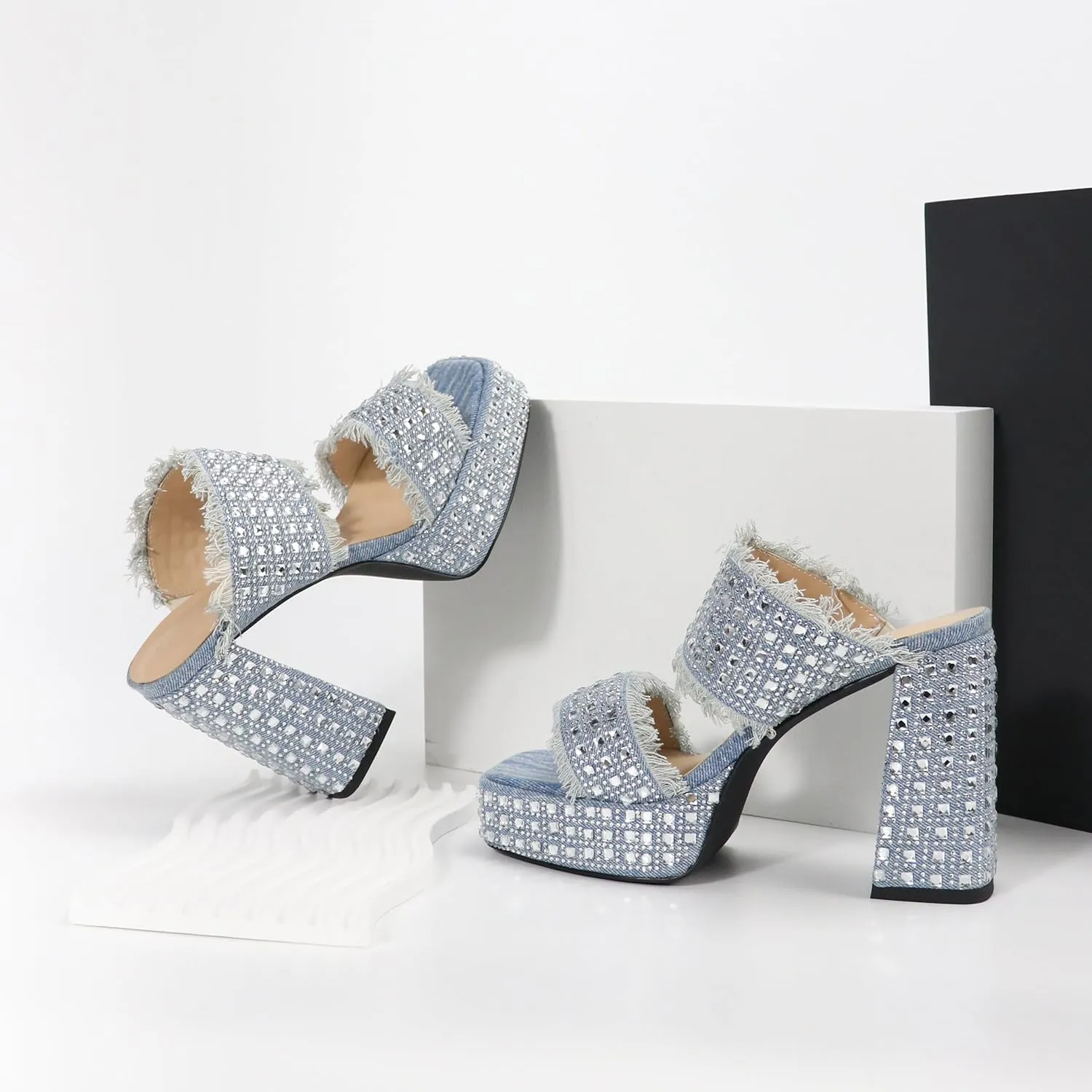 Esvowido Women's Heeled Mules Denim Platform Heels High Chunky Heel Slip on Square Toe Rhinestones Tassels Slippers Pumps Shoes