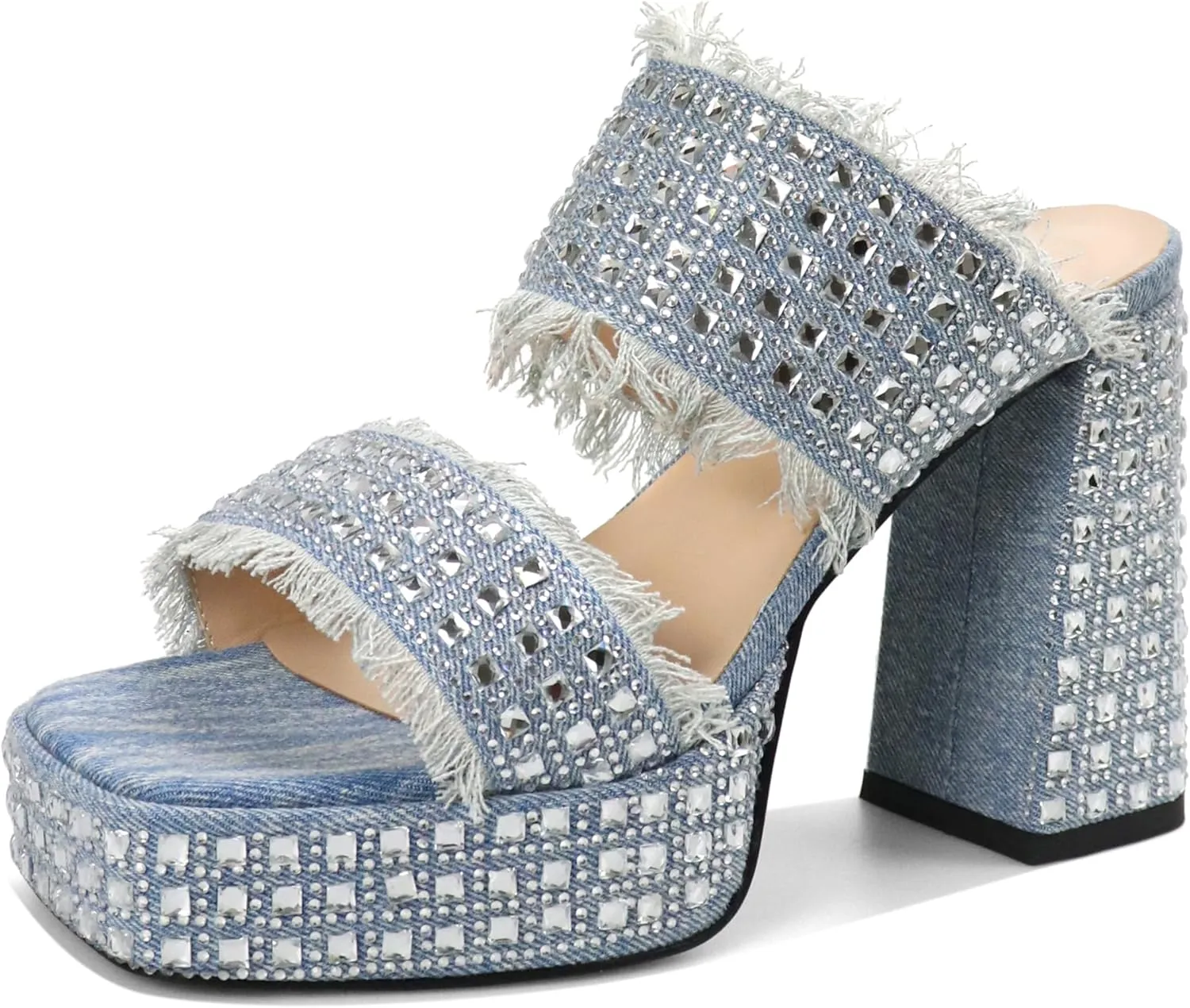 Esvowido Women's Heeled Mules Denim Platform Heels High Chunky Heel Slip on Square Toe Rhinestones Tassels Slippers Pumps Shoes