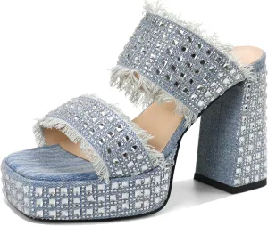 Esvowido Women's Heeled Mules Denim Platform Heels High Chunky Heel Slip on Square Toe Rhinestones Tassels Slippers Pumps Shoes
