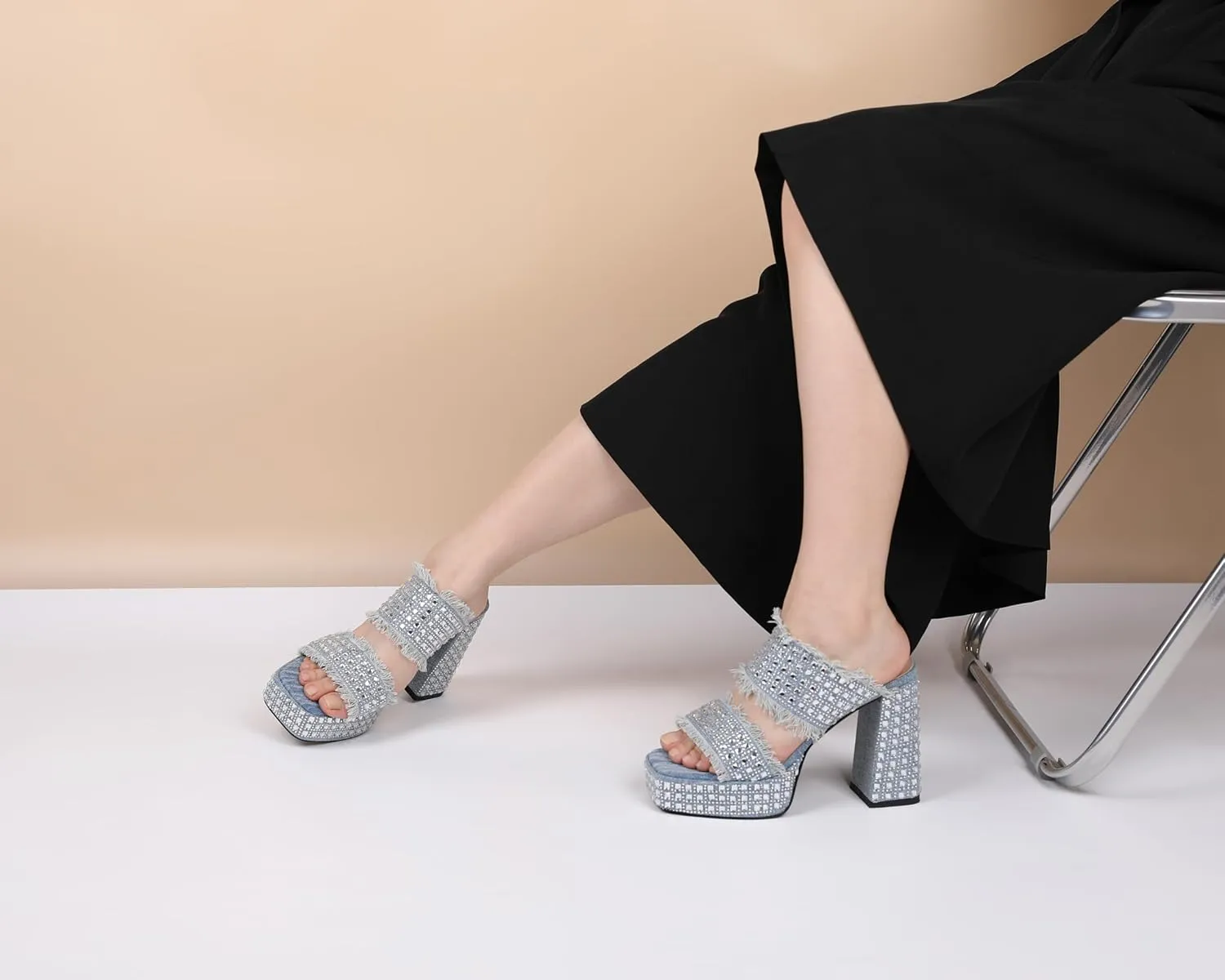 Esvowido Women's Heeled Mules Denim Platform Heels High Chunky Heel Slip on Square Toe Rhinestones Tassels Slippers Pumps Shoes