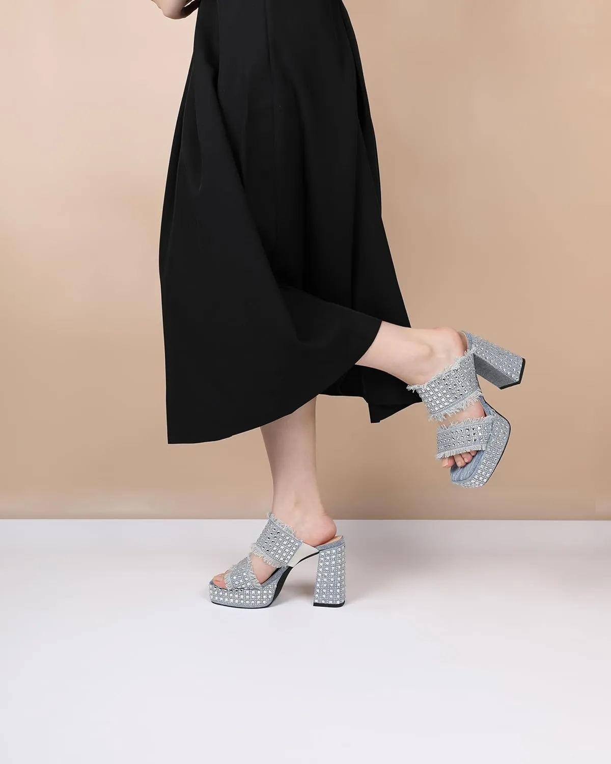 Esvowido Women's Heeled Mules Denim Platform Heels High Chunky Heel Slip on Square Toe Rhinestones Tassels Slippers Pumps Shoes