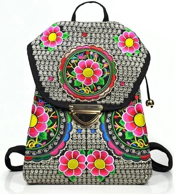 Ethnic Style Bag Canvas Embroidered Embroidered Women's Shoulder Bag With Buckle Backpack(Blue)