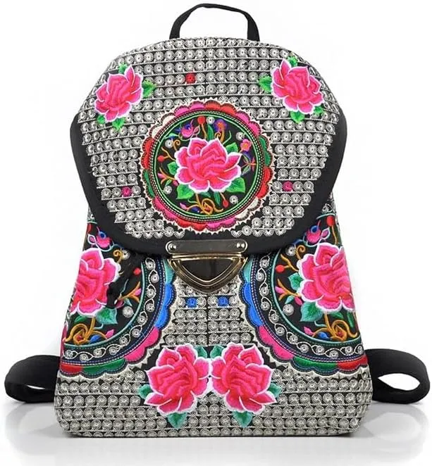 Ethnic Style Bag Canvas Embroidered Embroidered Women's Shoulder Bag With Buckle Backpack(Blue)