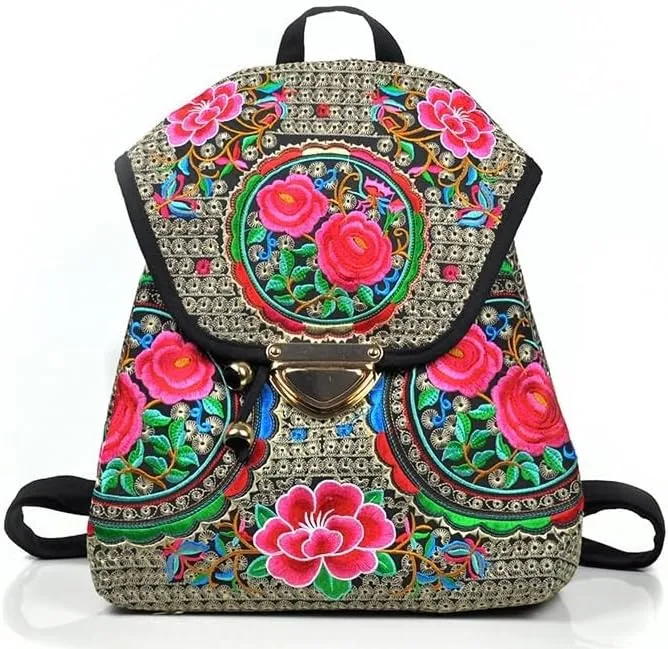 Ethnic Style Bag Canvas Embroidered Embroidered Women's Shoulder Bag With Buckle Backpack(Blue)