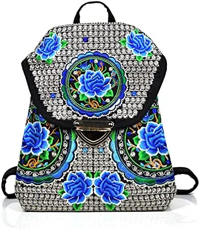 Ethnic Style Bag Canvas Embroidered Embroidered Women's Shoulder Bag With Buckle Backpack(Blue)