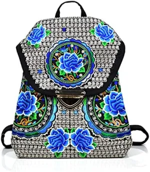 Ethnic Style Bag Canvas Embroidered Embroidered Women's Shoulder Bag With Buckle Backpack(Blue)