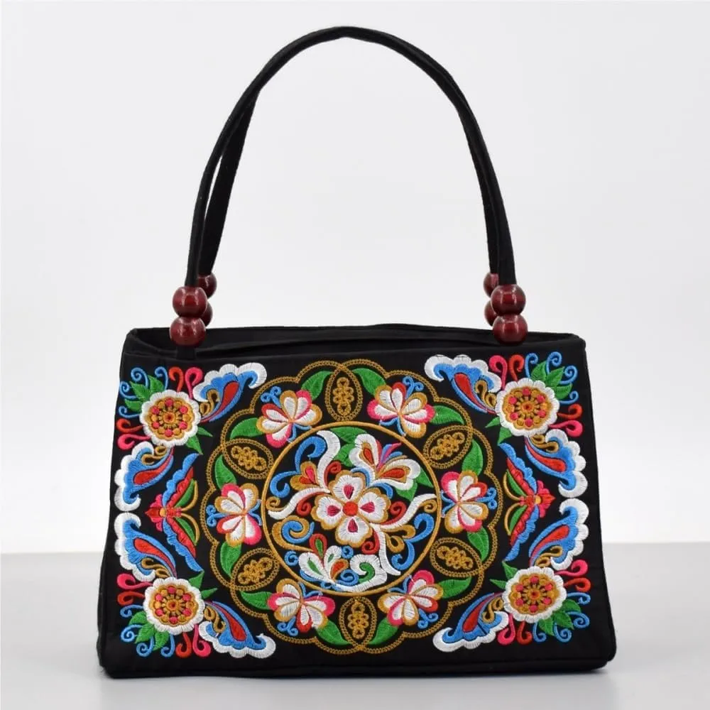 Ethnic Style Double-Sided Embroidered Handbag With Wooden Beads Portable Canvas Zipper Wallet