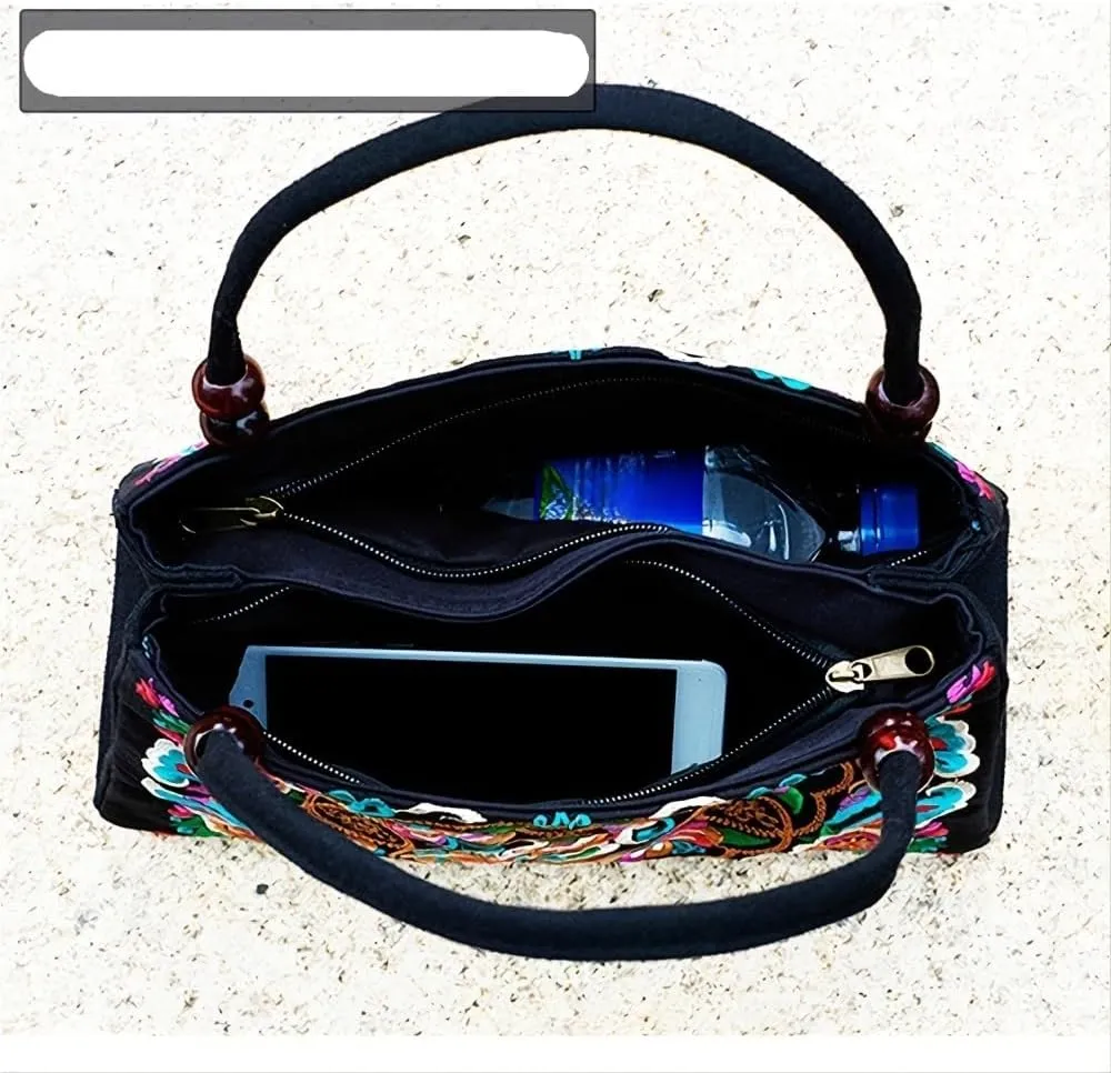 Ethnic Style Double-Sided Embroidered Handbag With Wooden Beads Portable Canvas Zipper Wallet