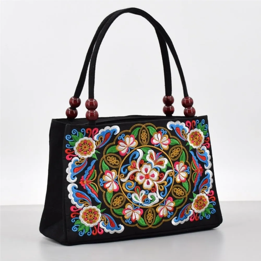 Ethnic Style Double-Sided Embroidered Handbag With Wooden Beads Portable Canvas Zipper Wallet