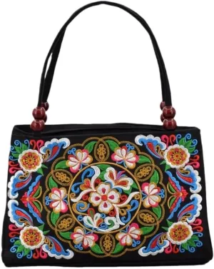 Ethnic Style Double-Sided Embroidered Handbag With Wooden Beads Portable Canvas Zipper Wallet