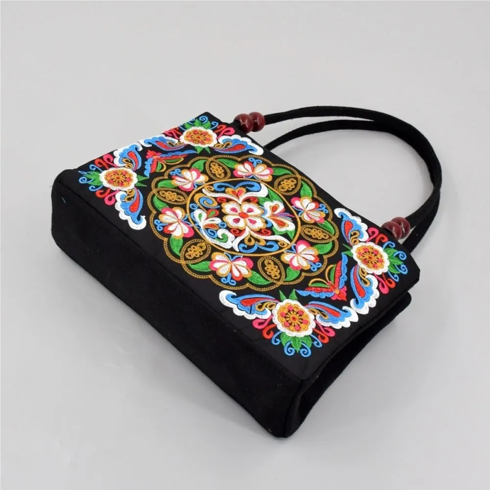 Ethnic Style Double-Sided Embroidered Handbag With Wooden Beads Portable Canvas Zipper Wallet