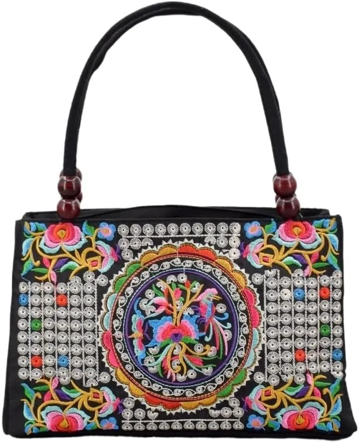 Ethnic Style Double-Sided Embroidered Handbag With Wooden Beads Portable Canvas Zipper Wallet