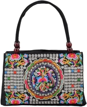 Ethnic Style Double-Sided Embroidered Handbag With Wooden Beads Portable Canvas Zipper Wallet