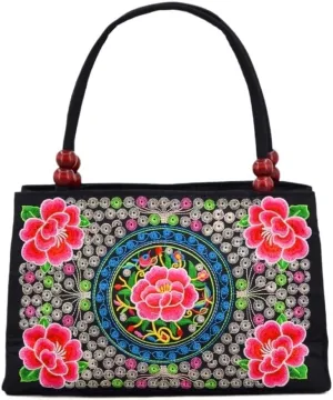 Ethnic Style Double-Sided Embroidered Handbag With Wooden Beads Portable Canvas Zipper Wallet
