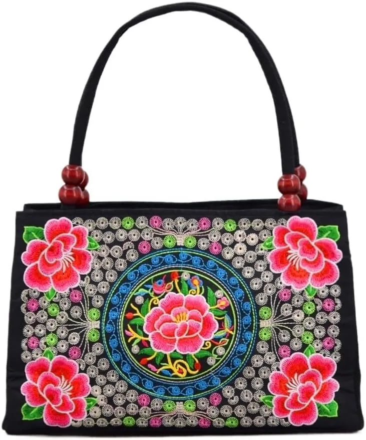Ethnic Style Double-Sided Embroidered Handbag With Wooden Beads Portable Canvas Zipper Wallet