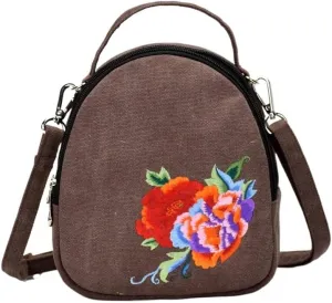 Ethnic Style Embroidered Canvas Crossbody Bag Portable Peony Small Handbag For Women