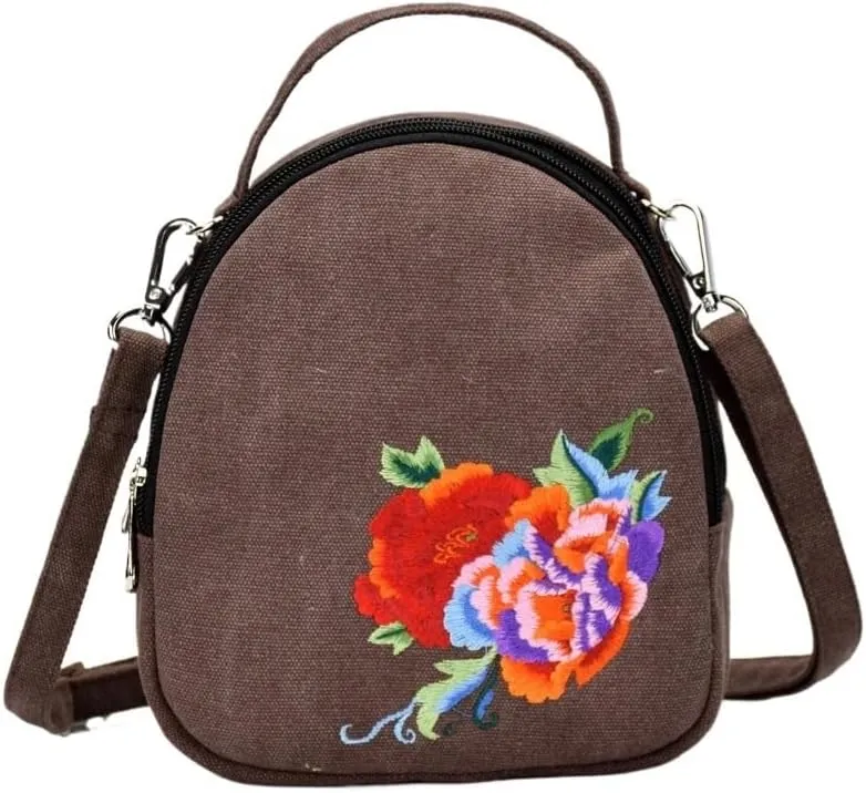Ethnic Style Embroidered Canvas Crossbody Bag Portable Peony Small Handbag For Women