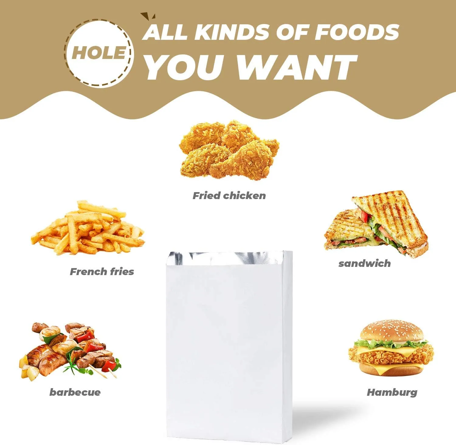 EUSOAR Kraft Paper Kitchen Bags, 100pcs 10.2x6.2x1.5 Inches Aluminum Foil Lunch Bags, Oilproof Burger Bags, BBQ Bags, Cookie Bags, Popcorn Bags