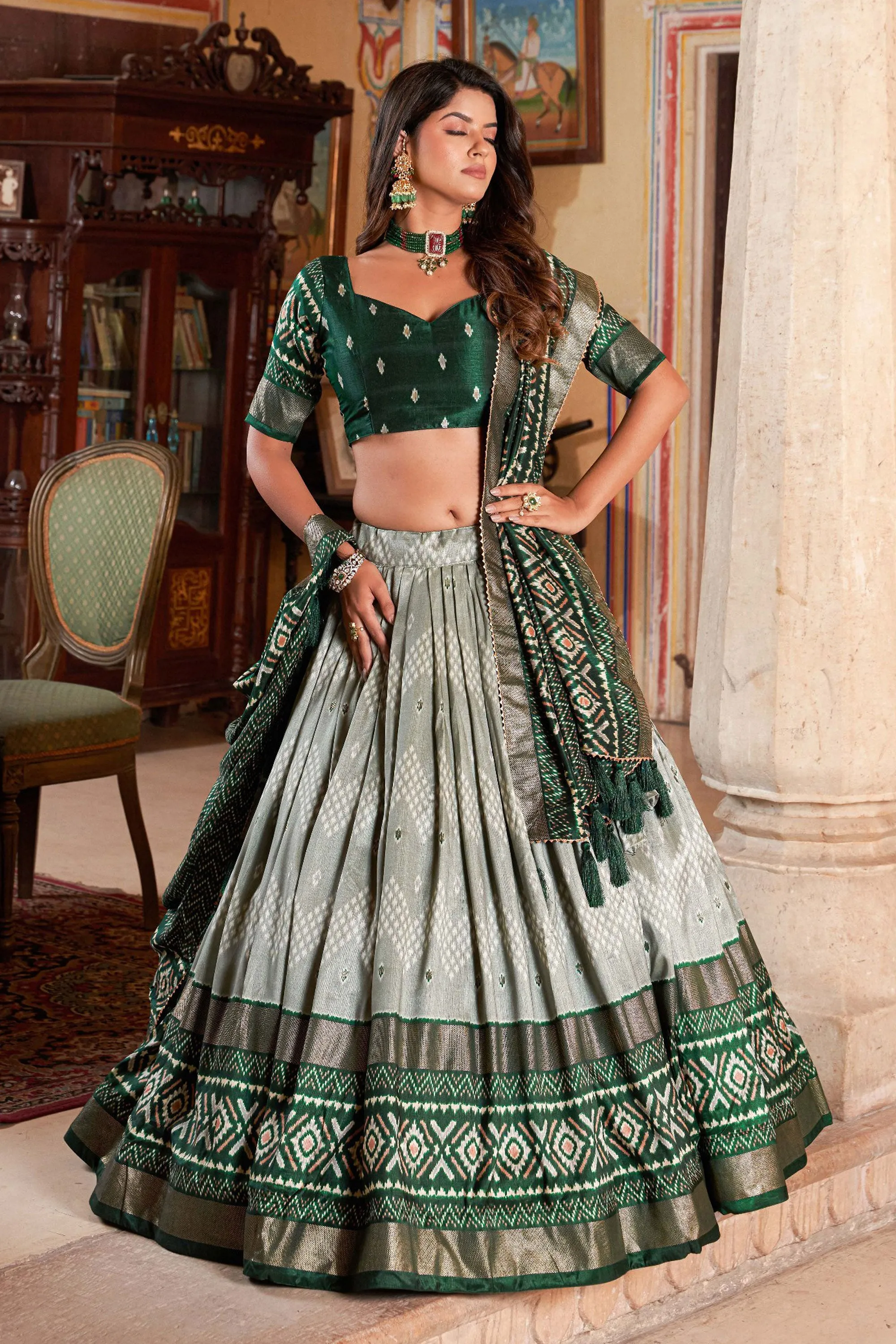 Exclusive Foil Printed Work On Green Color Lehenga In Art Silk Fabric