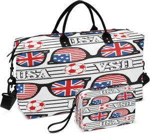 Exnundod Travel Duffel Bags American and British Flags Sunglasses Sports Gym Bag Weekender Carry On Tote Overnight Luggage Bags for Women and Men