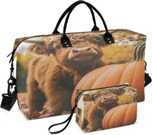 Exnundod Women Weekender Bags Little Highland Cattle Travel Duffel Bags Carry On Overnight Bag Autumn Pumpkin Large Hospital Tote Luggage