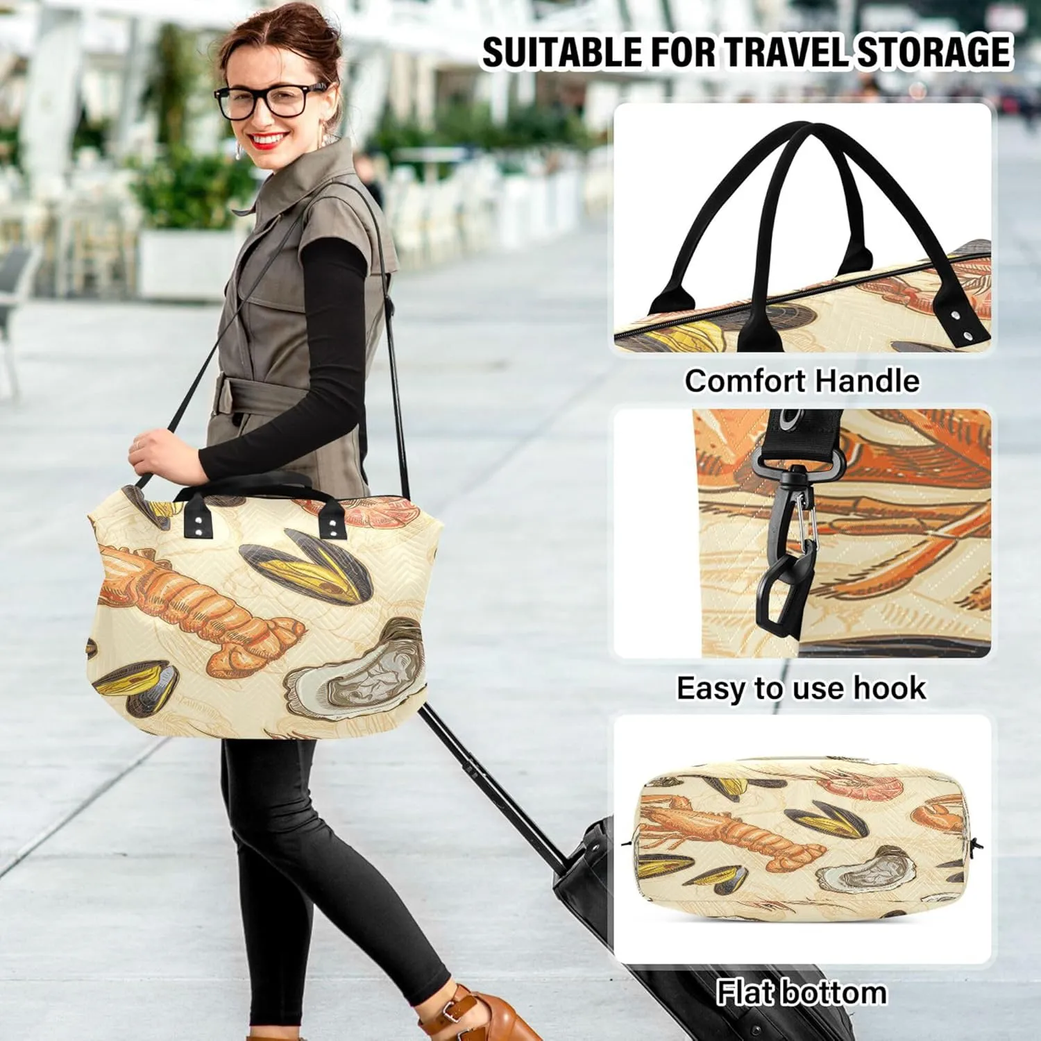 Exnundod Women Weekender Bags Yummy Seafood Travel Duffel Bags Carry On Overnight Bag Delicious Food Large Hospital Tote Luggage