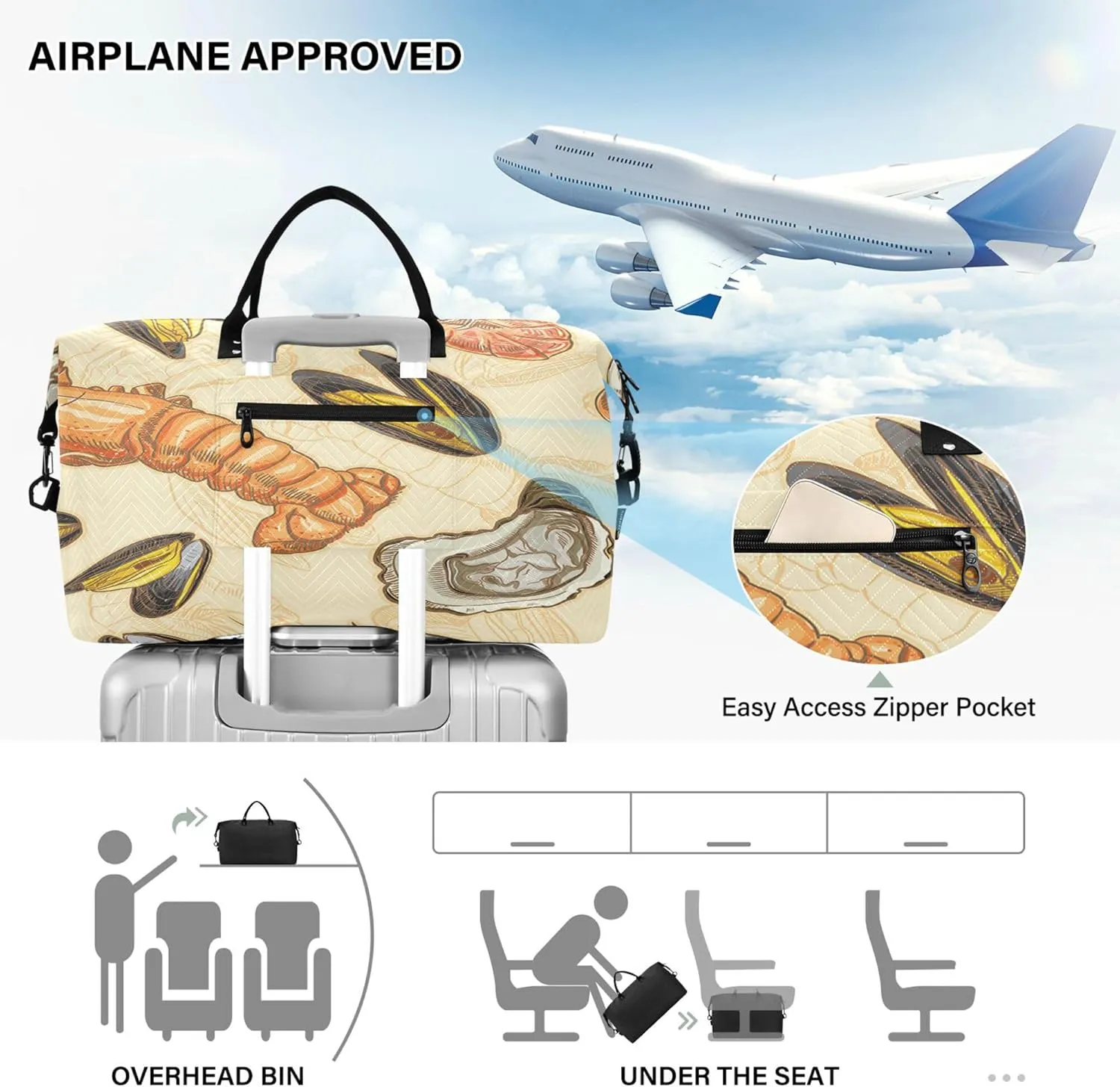 Exnundod Women Weekender Bags Yummy Seafood Travel Duffel Bags Carry On Overnight Bag Delicious Food Large Hospital Tote Luggage